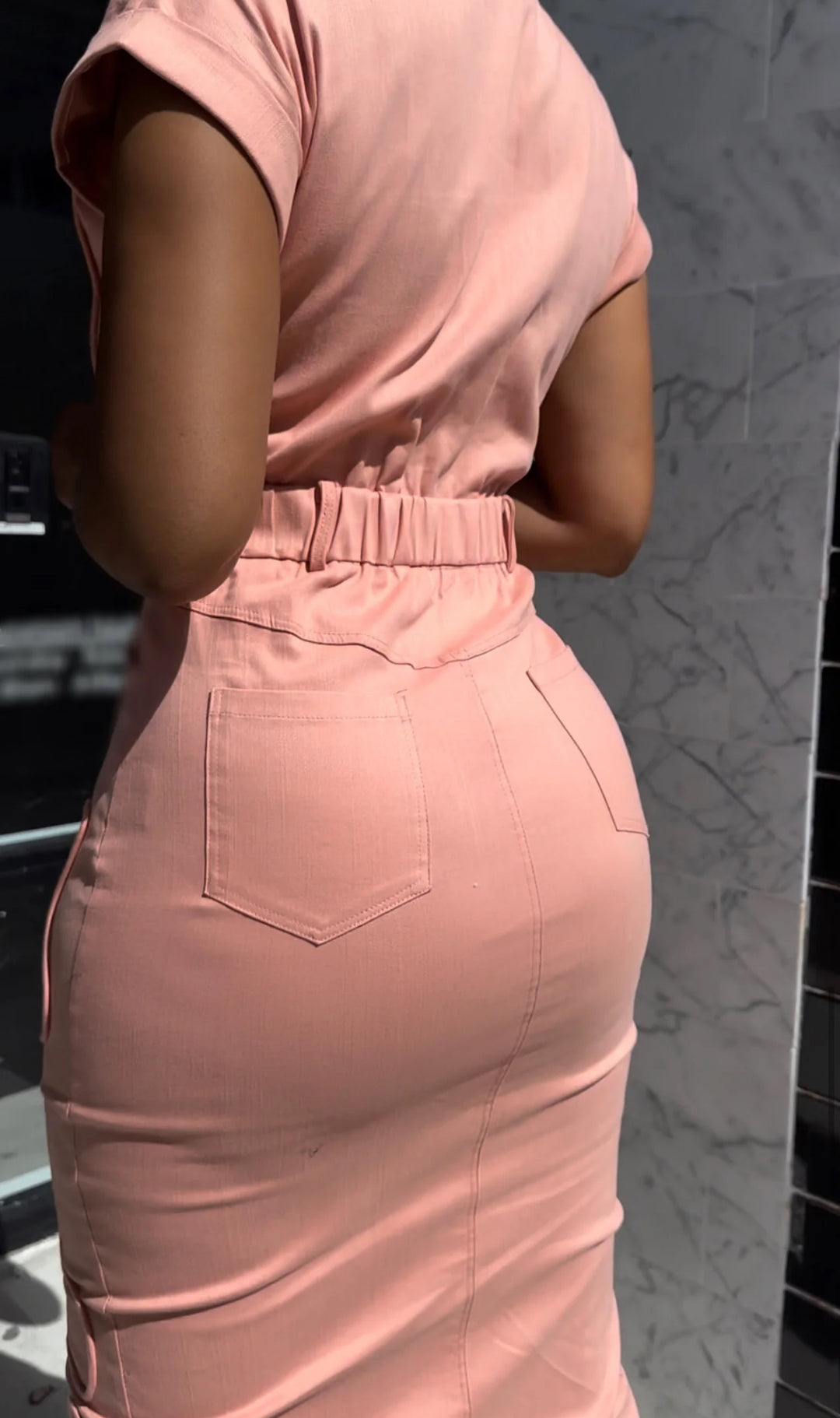 Meow and Barks Peach Stretch Denim Dress