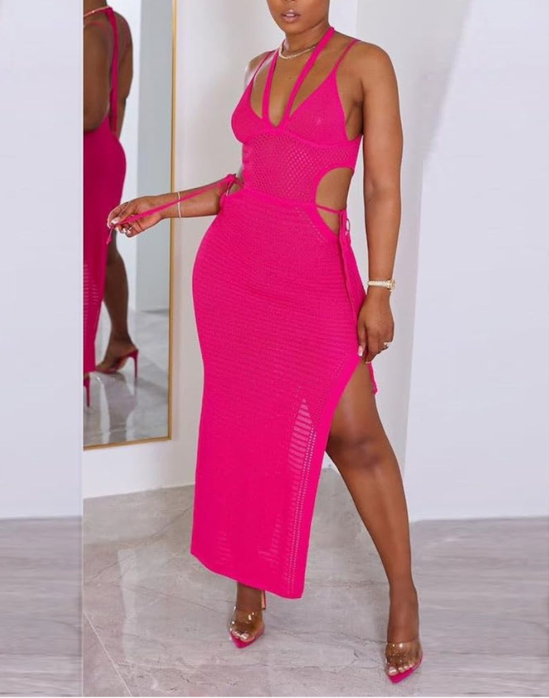 Keylows Women Hot Pink Halter Knit Backless Crochet Dress (as Worn by Porsha Williams)