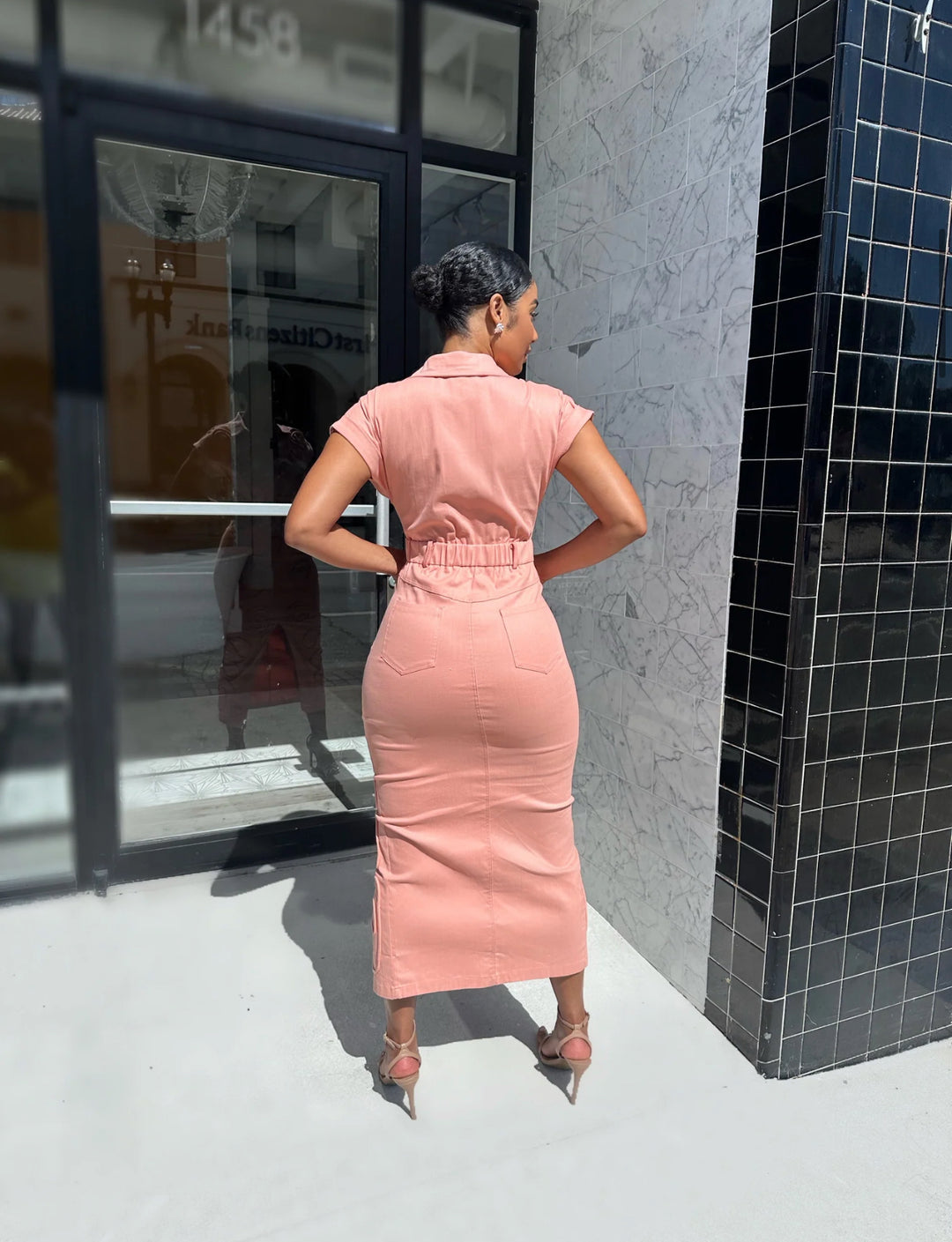 Meow and Barks Peach Stretch Denim Dress