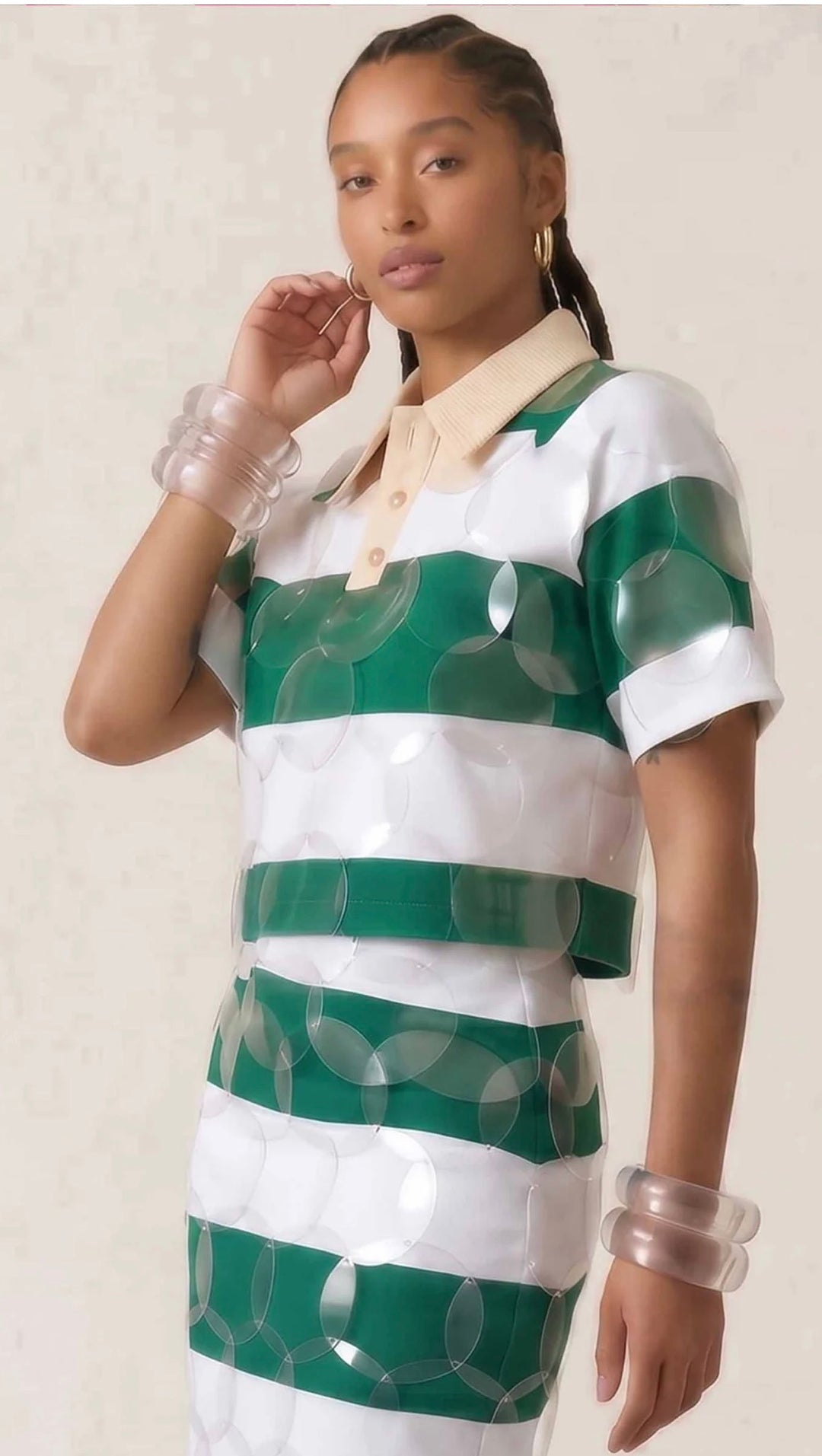 BruceGlen Green and White Striped Rugby Cropped Polo