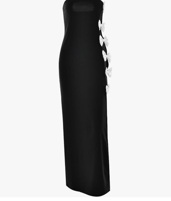 Keylows Black Strapless Bow Cut Out Slit Dress (as worn by Porsha)