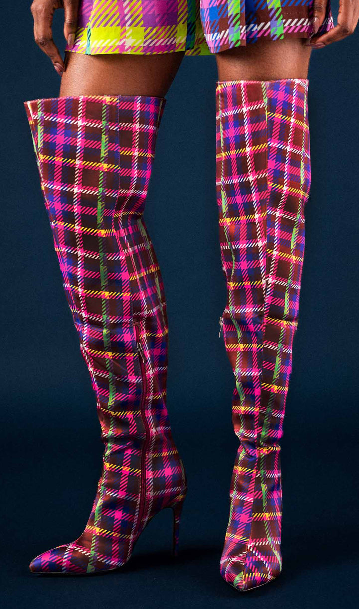 Pre-Order BruceGlen Chocolate Plaid Thigh High Boots