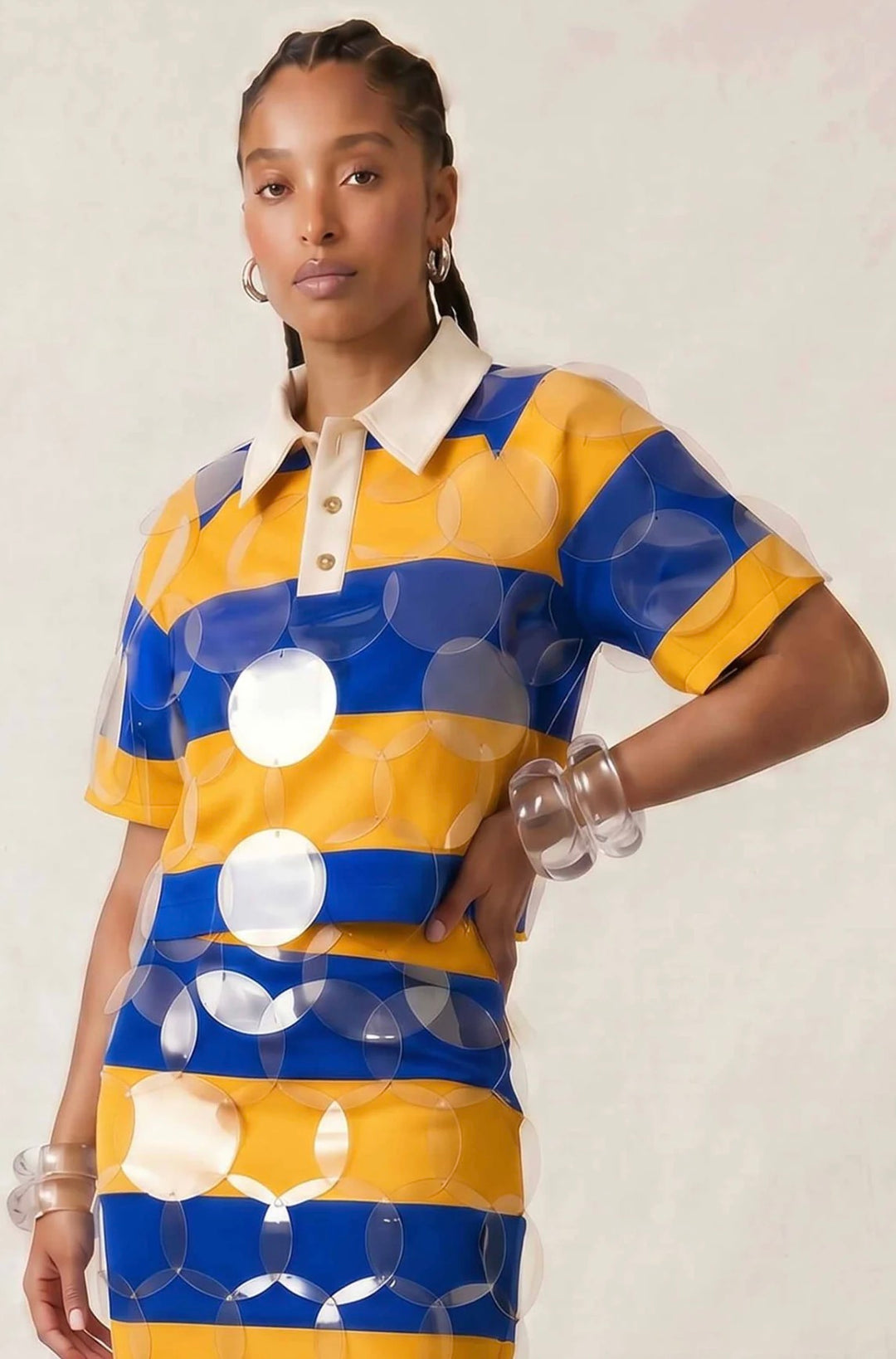 BruceGlen Blue and Yellow Striped Rugby Cropped Polo