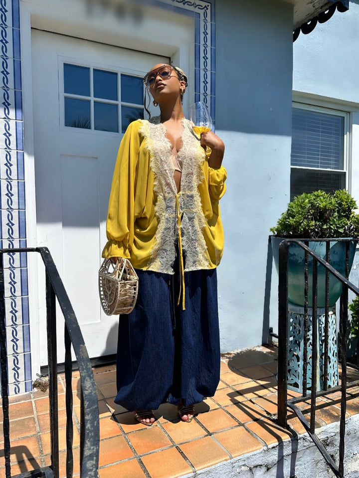 Meow and Barks Sunny Yellow Lace Oversized Top