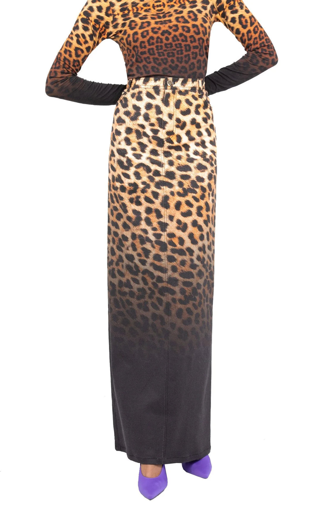 BruceGlen Cheetah Ombre Maxi Denim Skirt