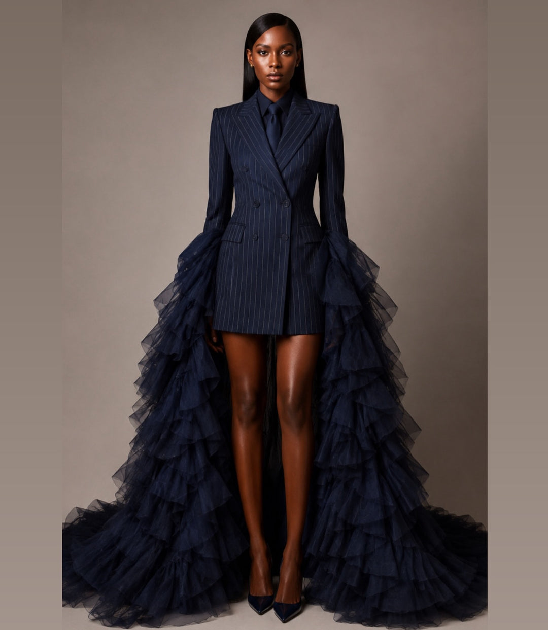 Oyemwen Custom Navy Sovereign Tulle Power Gown