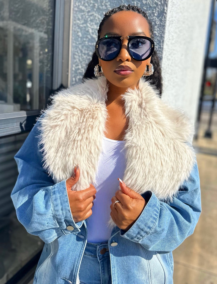 Meow and Barks Denim Jacket with Removable Collar