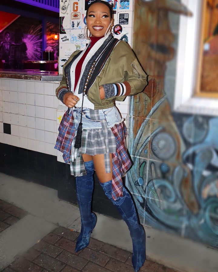 Meow and Barks Cloth Talk Plaid Jean Skirt