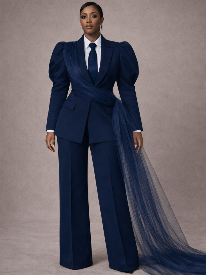 Oyemwen Custom Navy Sovereign Tulle Power Suit