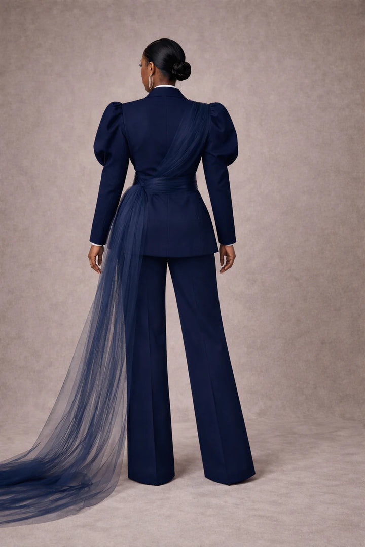 Oyemwen Custom Navy Sovereign Tulle Power Suit