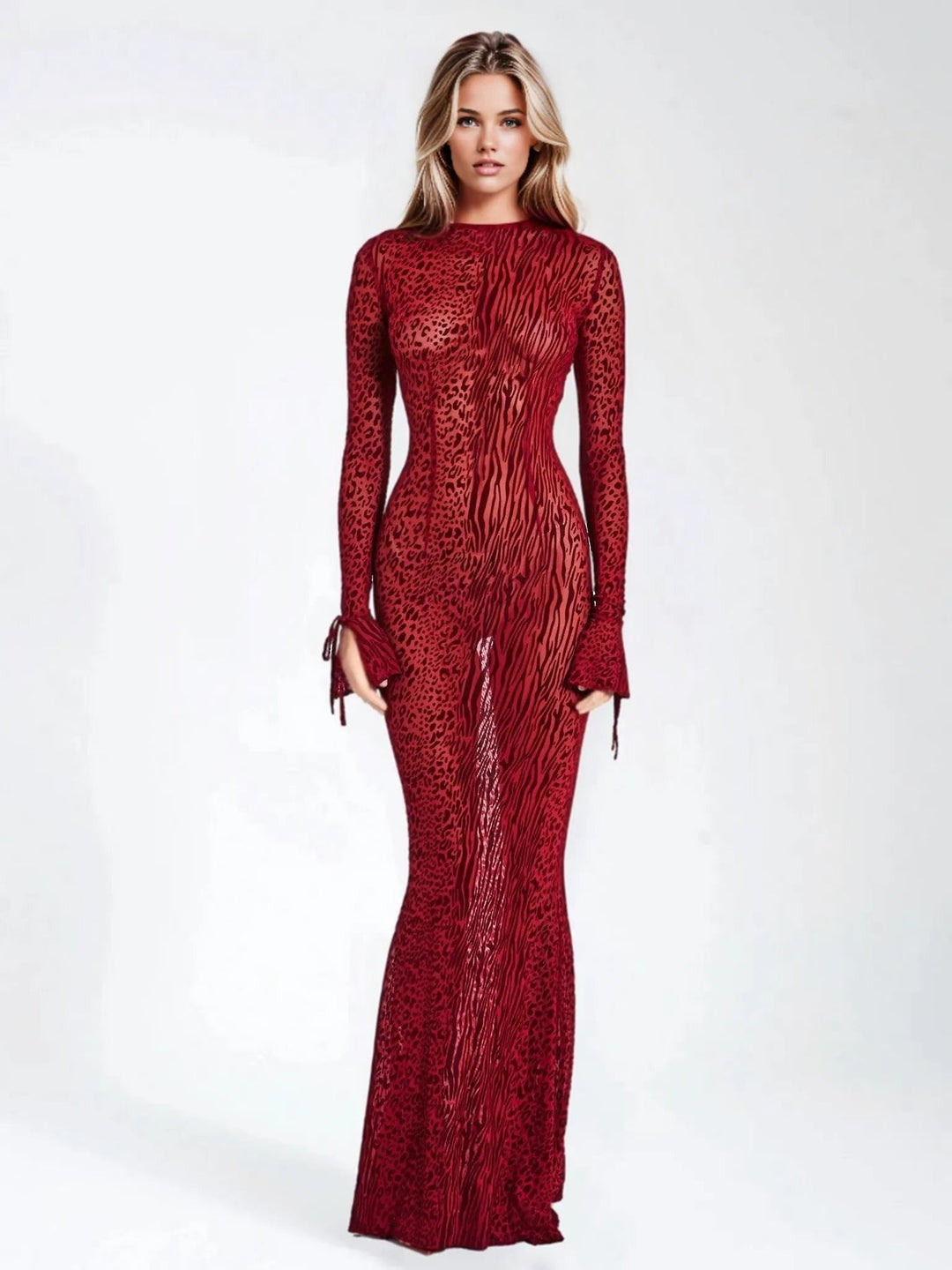 Cicada Burgundy Backless Leopard Burnout Mesh Maxi Dress (As Worn by Ayesha Curry)