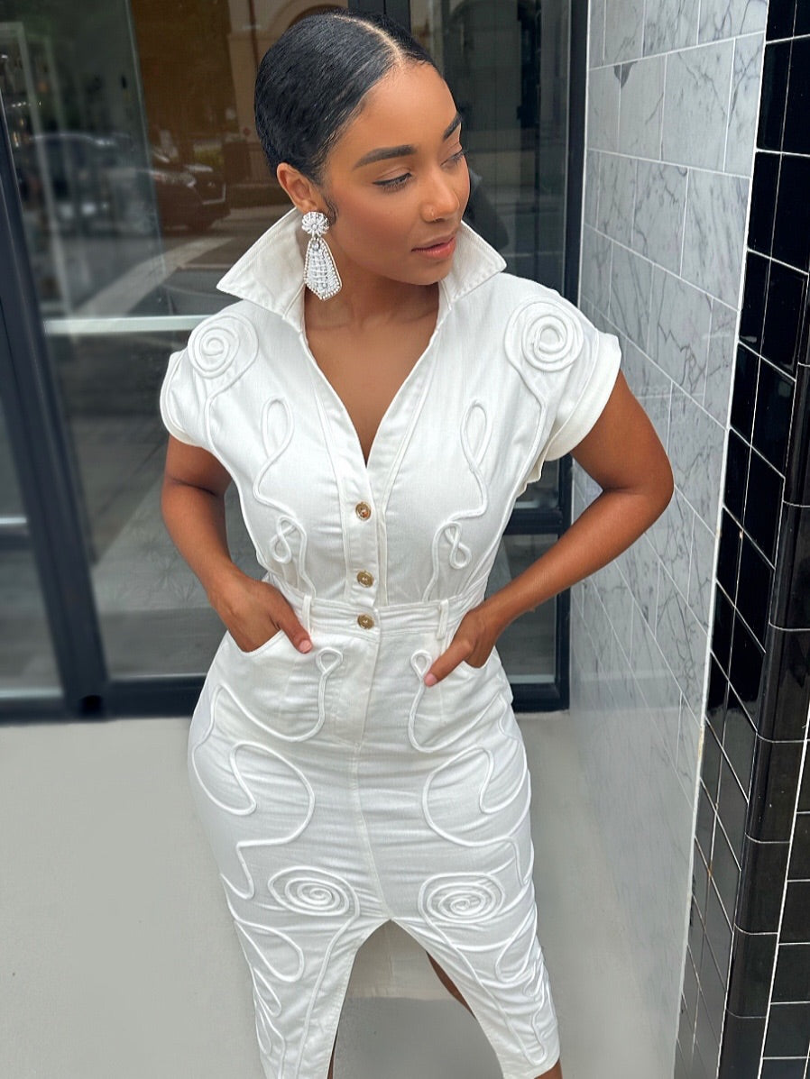 Meow and Barks White Stretch Pipe Down Denim Dress