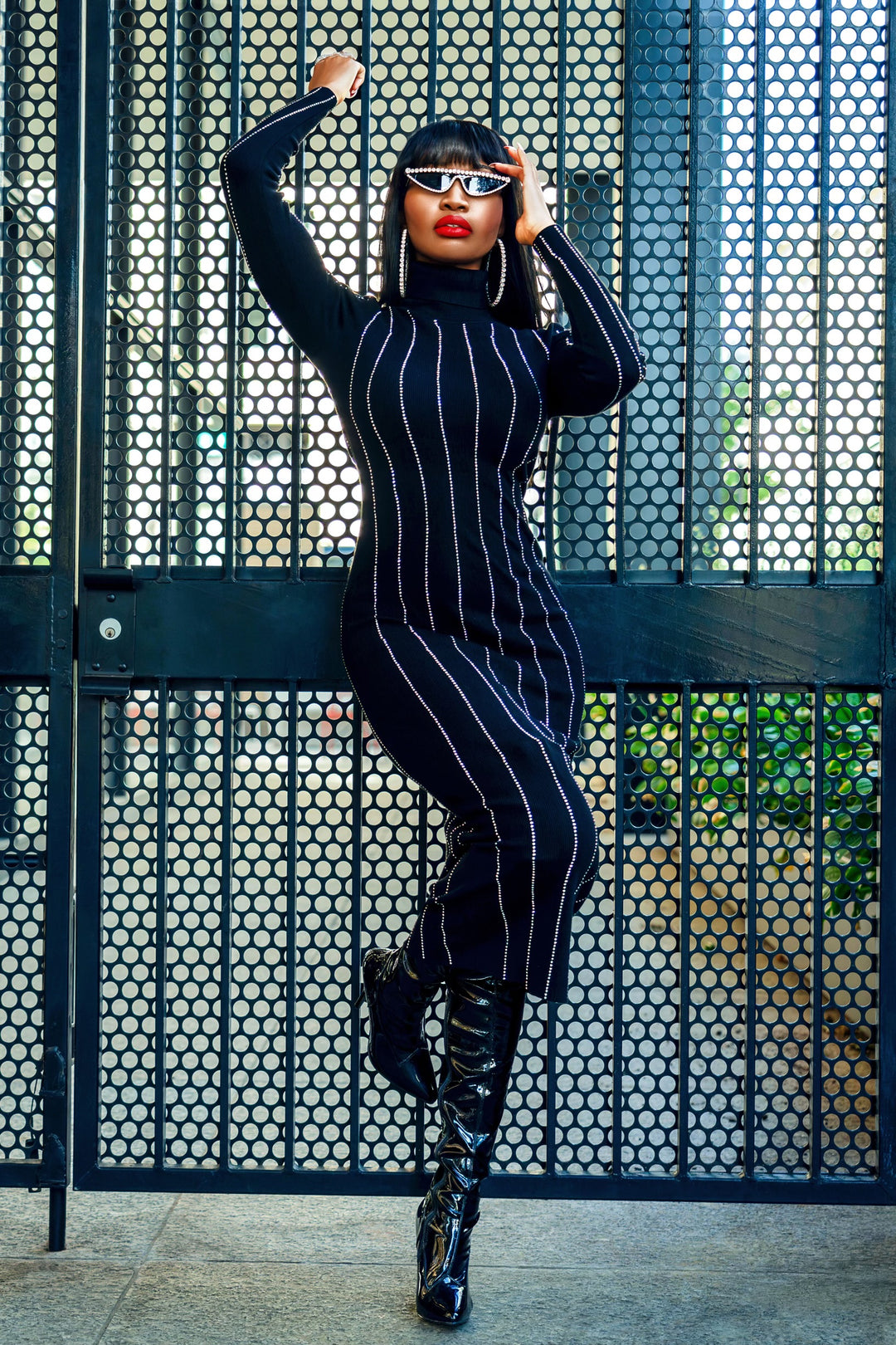 Madam Mystique Ava Crystal Pinstripe Sweater Dress (Black)
