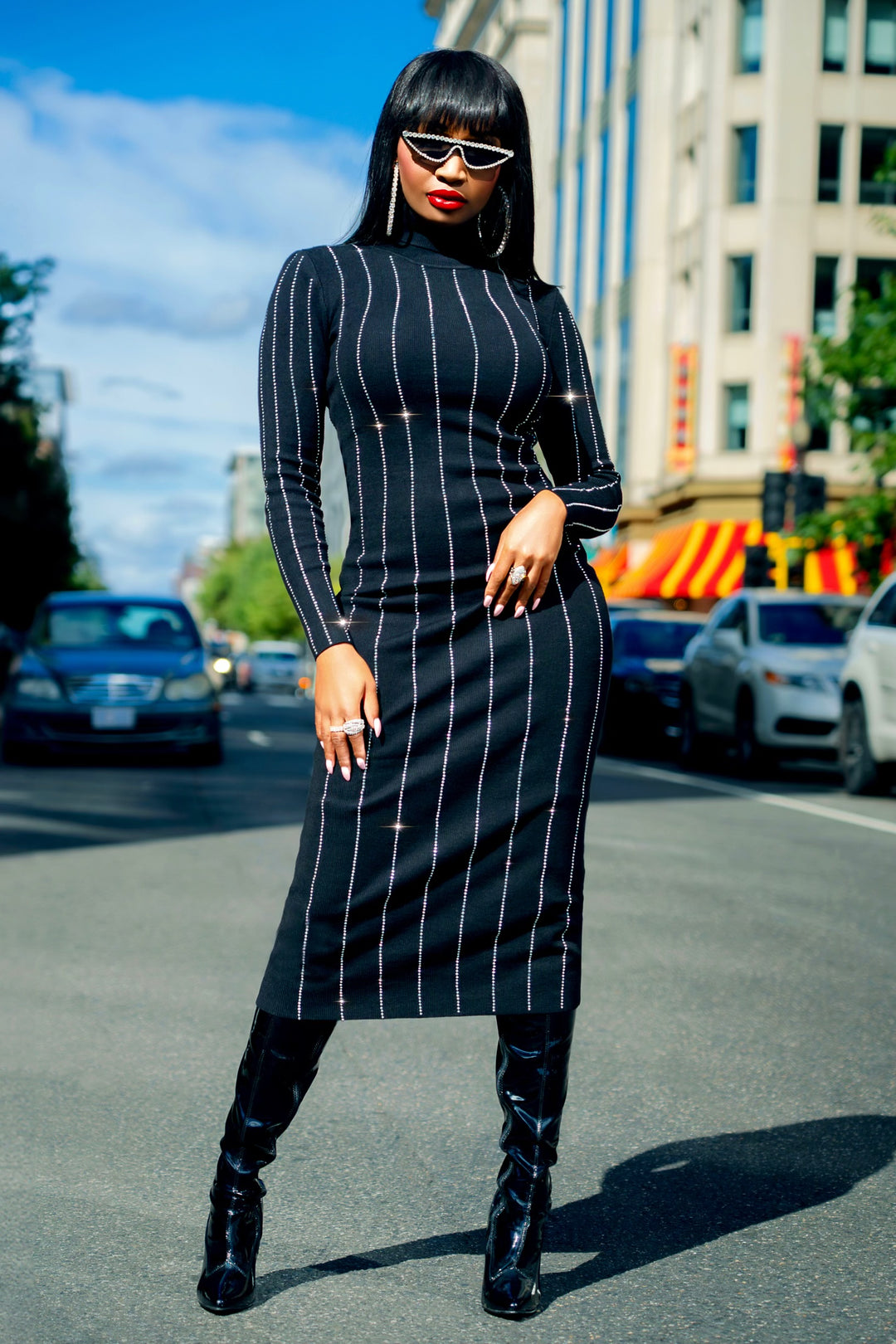 Madam Mystique Ava Crystal Pinstripe Sweater Dress (Black)