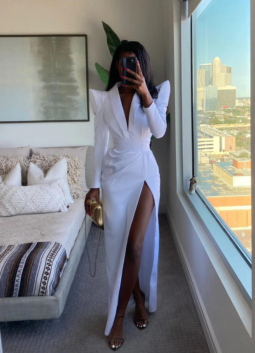 Asuso Couture Akwiri White High Slit Strong Shoulder Dress