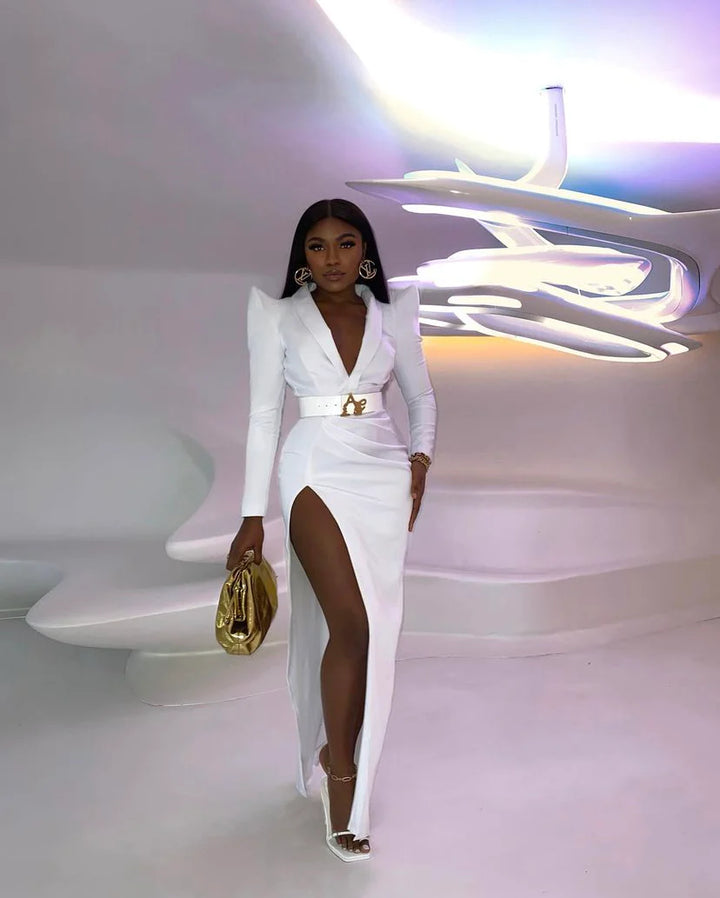 Asuso Couture Akwiri White High Slit Strong Shoulder Dress
