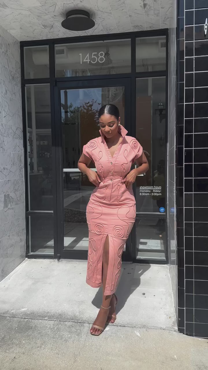 Meow and Barks Peach Stretch Denim Dress