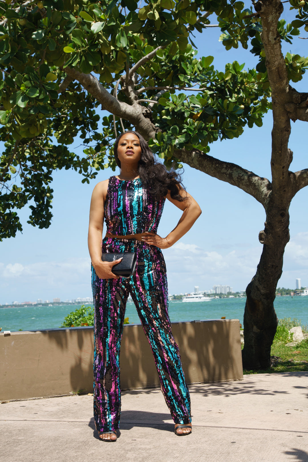 Keylows Miami Vice Multicolor Sequin Crop Top and Pants Set