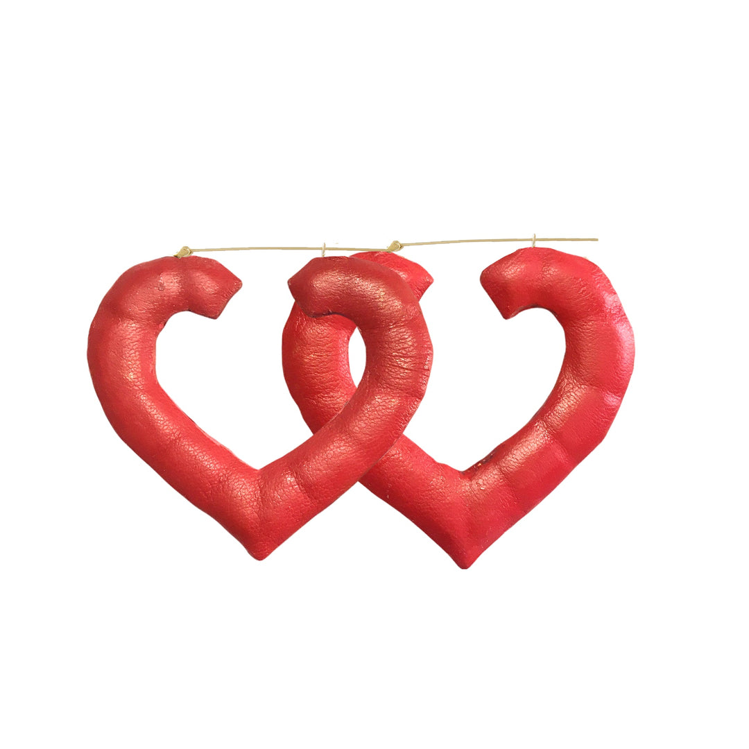 Seville Michelle Red Leather Heart Bamboo Hoops