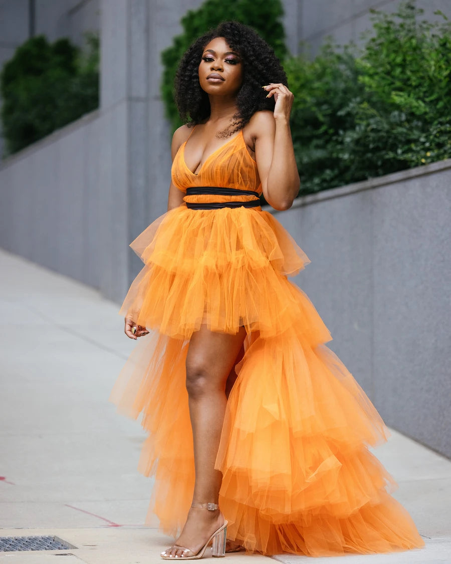 Oyemwen Back to Business Orange High Low Tiered Dress