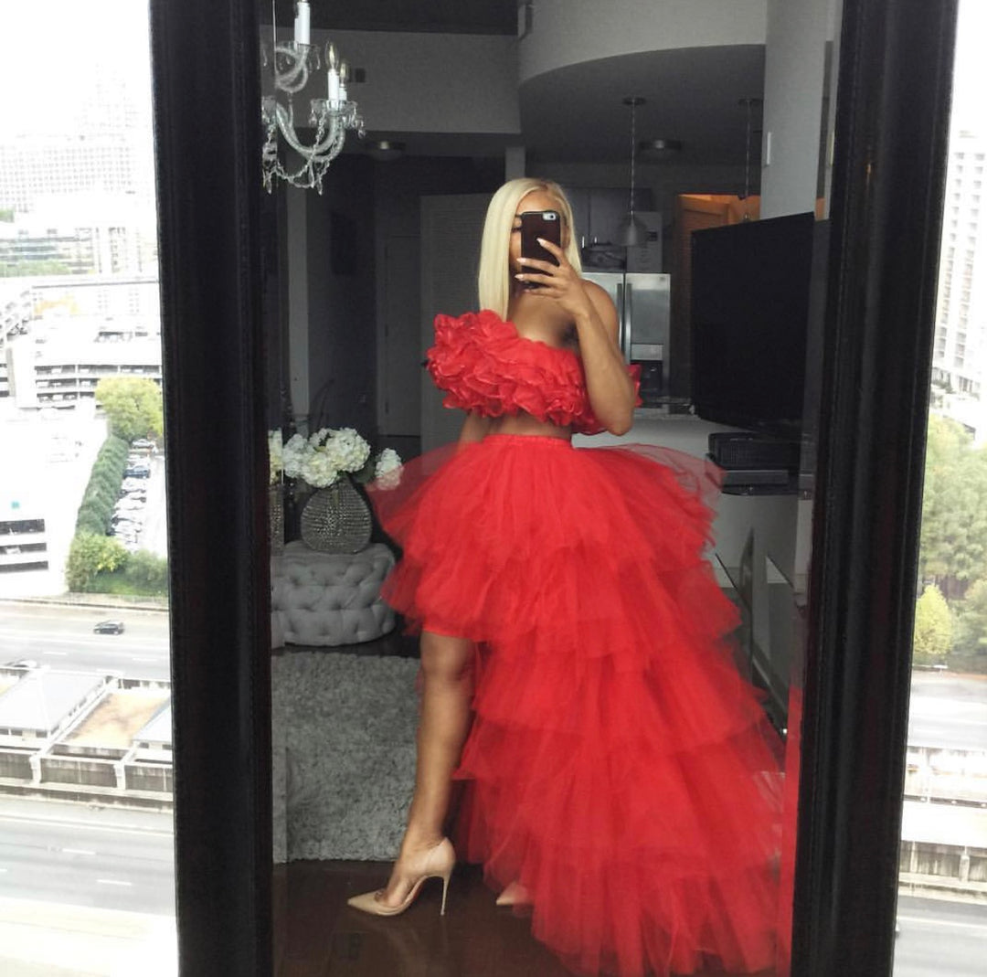 Oyemwen Tiered High Low Tulle Maxi Tutu Orchid Skirt Red