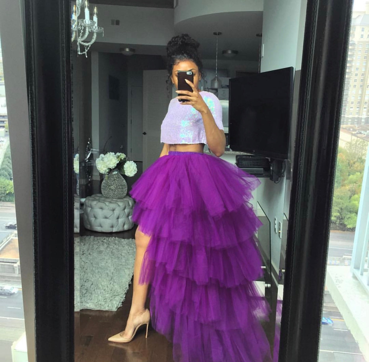 Fashion purple tulle maxi skirt