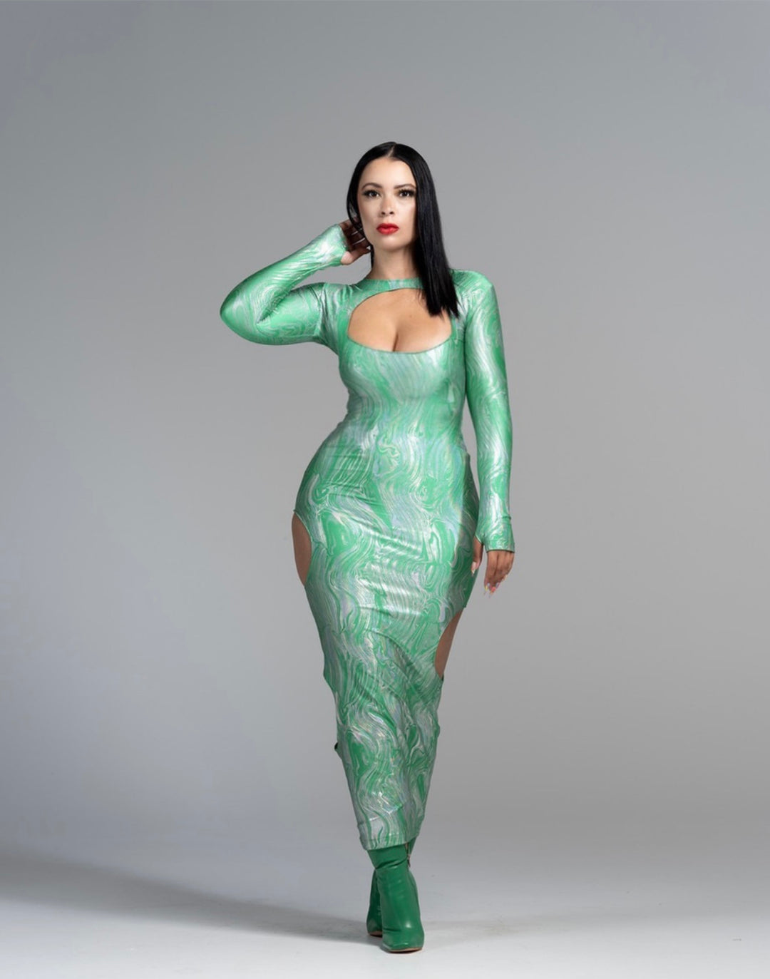 Michele Lopez Goddess Green Cut Out Kellie Dress