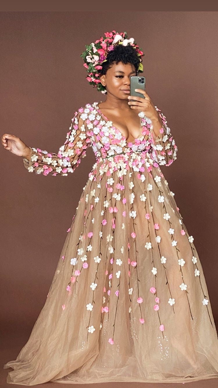 Oyemwen Nude Long Sleeve Floral Appliqu Dress 4 Oyemwen Nude Long Sleeve Floral Appliqu Dress 4