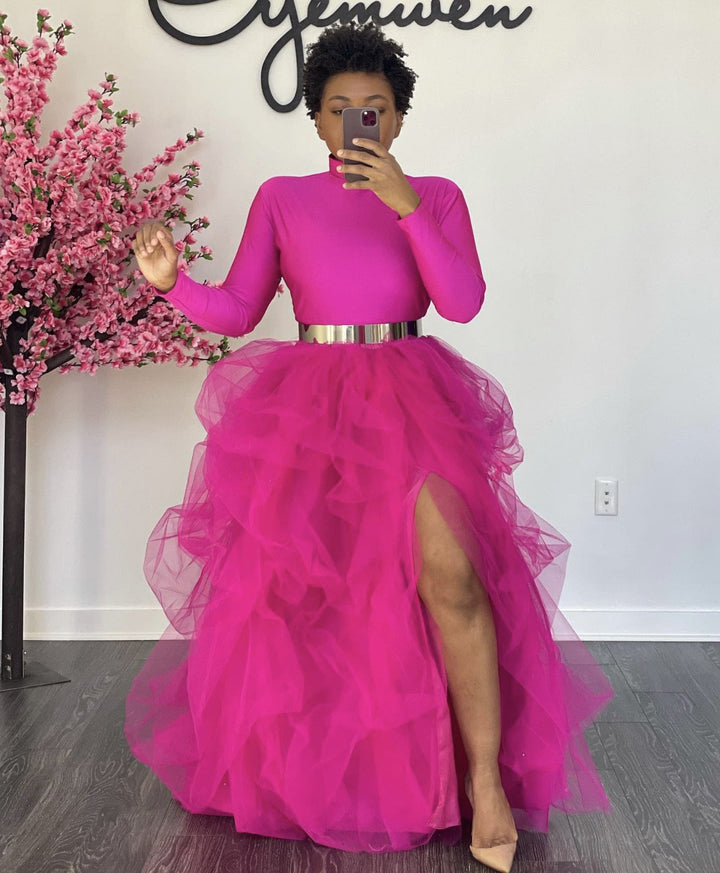 Oyemwen Tiered High Slit Tulle Maxi Tutu Ball Skirt Turtleneck Set (Hot Pink)
