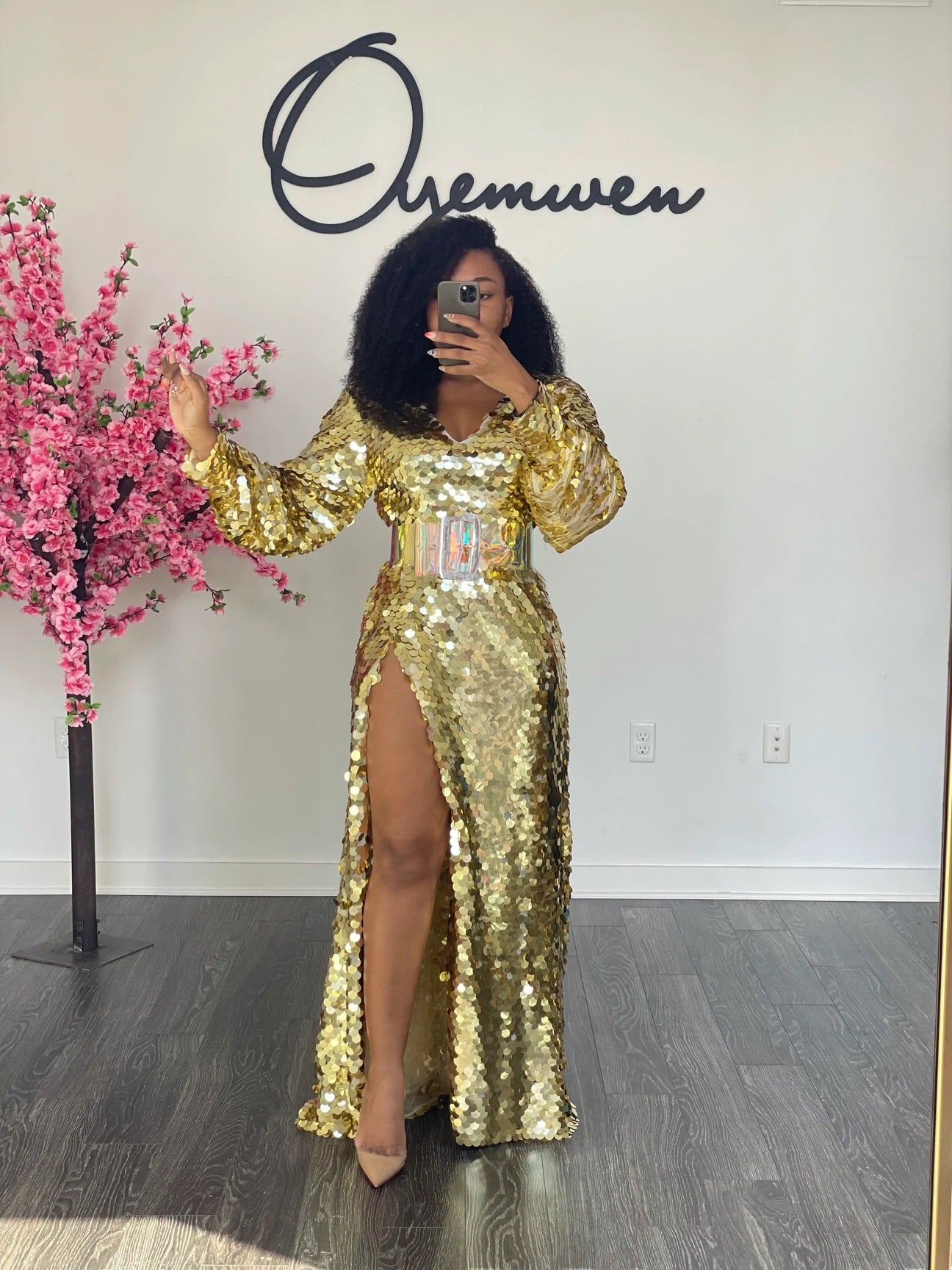 Custom Oyemwen Gold Sequin High Slit Birthday Dress XL Custom Oyemwen Gold Sequin High Slit Birthday Dress XL