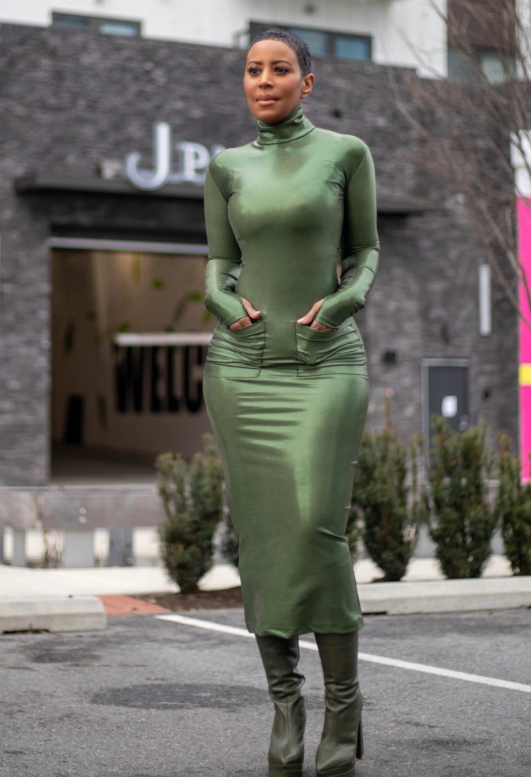 Michele Lopez Olive Green Midi Bodycon Dress with Pockets