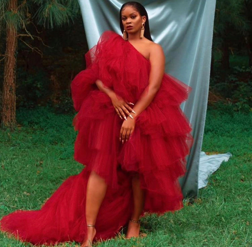 Oyemwen Veronica Tiered High Low Tulle Maxi Tutu Dress Ruby (As Worn by Ari Lennox)