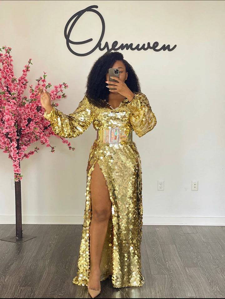 Custom Oyemwen Gold Sequin High Slit Birthday Dress