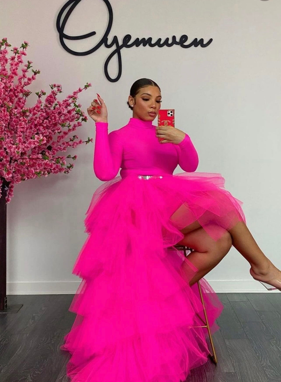 Oyemwen Hot Pink High Low Tulle Maxi Tutu Skirt Turtleneck Set 2XL Oyemwen Hot Pink High Low Tulle Maxi Tutu Skirt Turtleneck Set 2XL