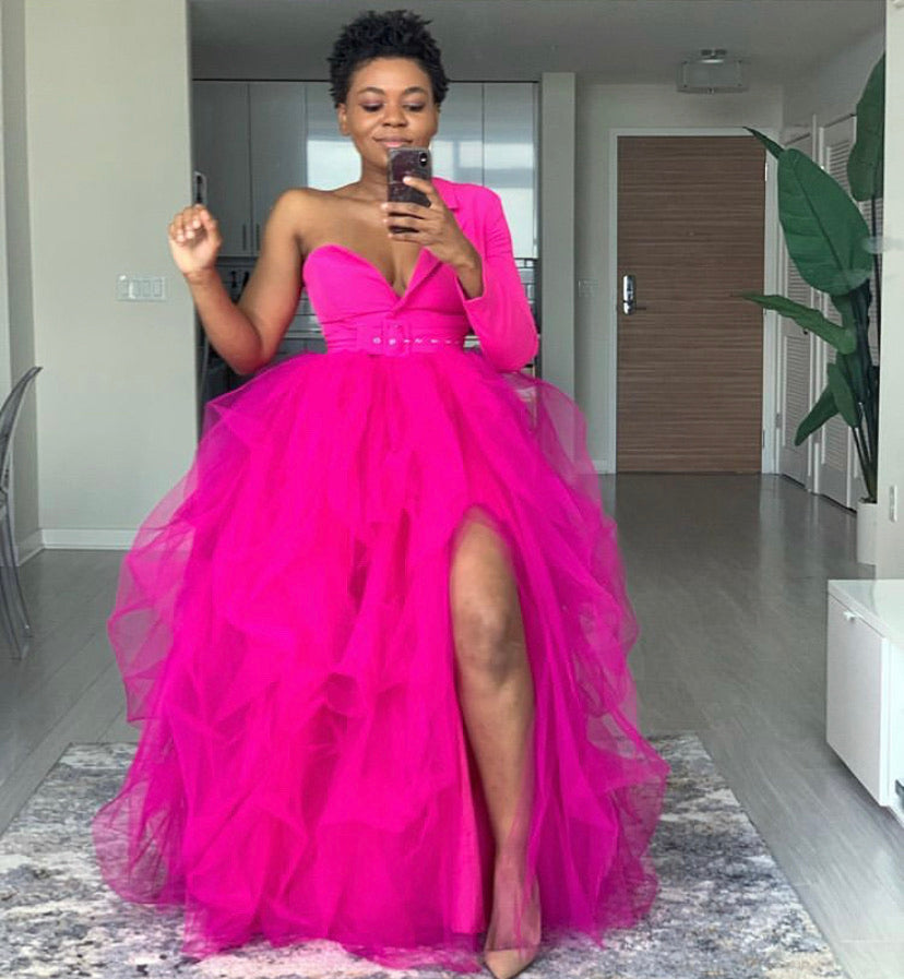 Oyemwen One Shoulder Tutu Dress Hot Pink