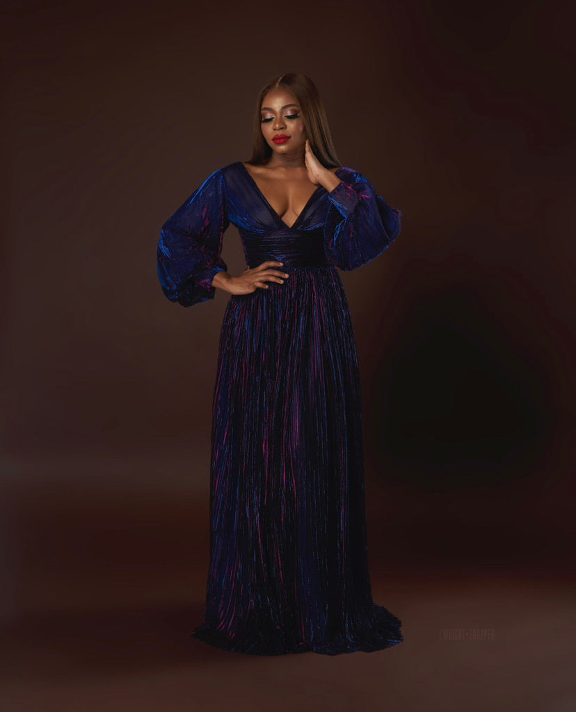 Oyemwen Holiday Collection Pleated Maxi Dress Purple/Blue