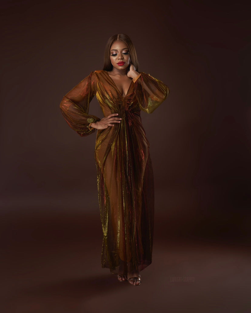 Oyemwen Holiday Collection Pleated Maxi Dress Gold / Red