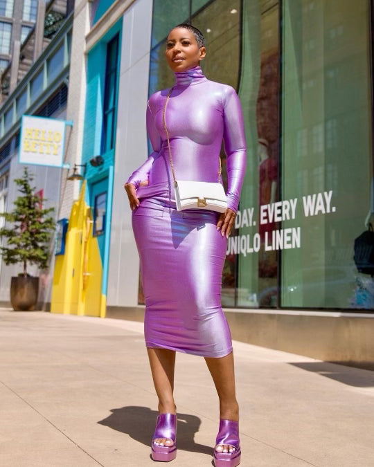 Michele Lopez Purple Metallic Bodycon Dress with Pockets