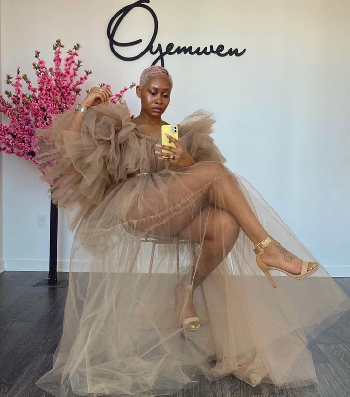 Oyemwen Custom 70’s Nude Brown Sheer Dress with Slip