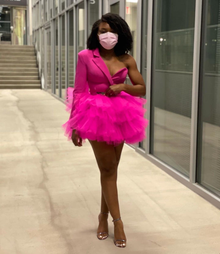 Oyemwen One Shoulder Mini Tutu Dress Hot Pink