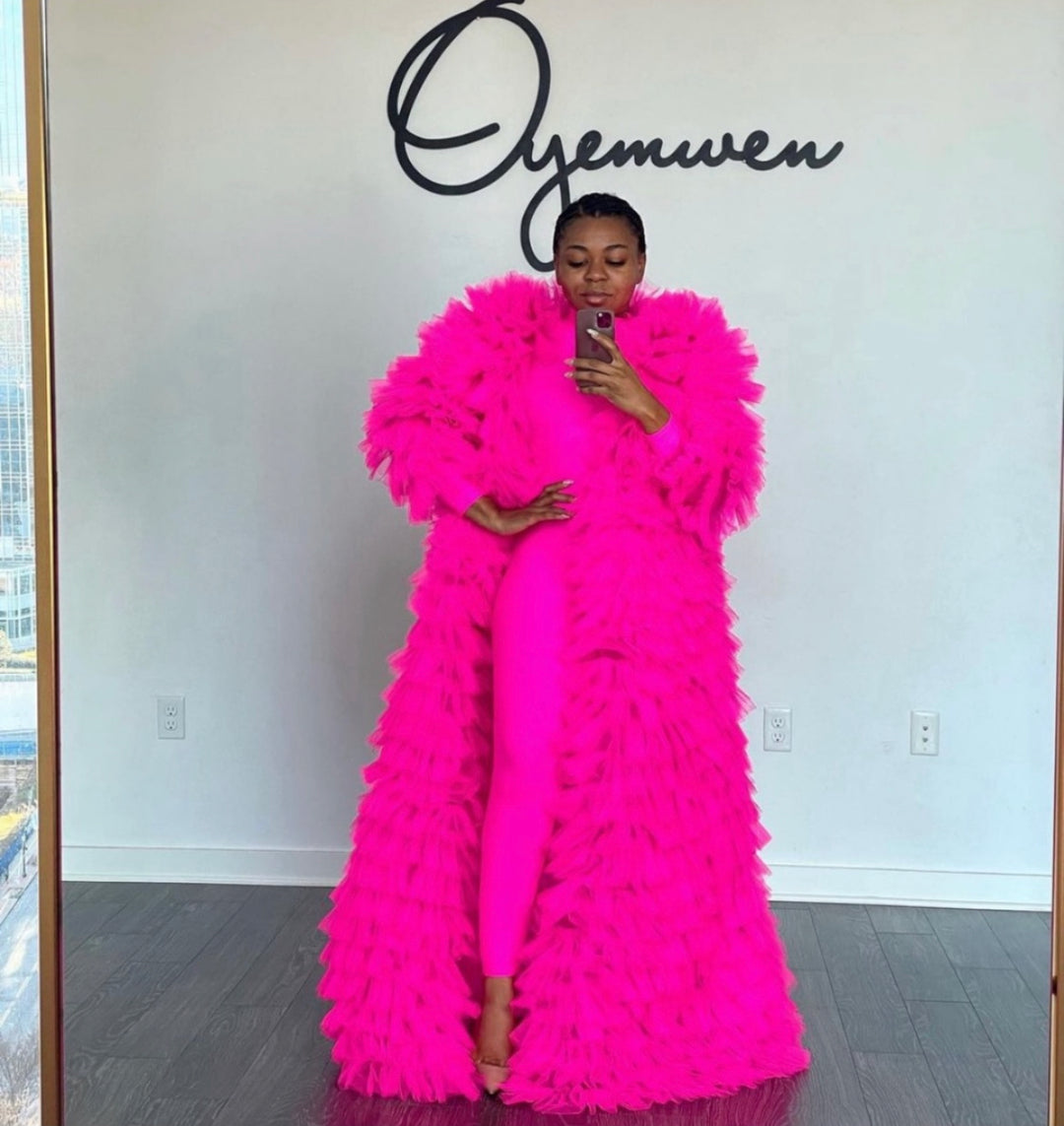 Oyemwen Hot Pink Tulle Jacket and Jumpsuit Set