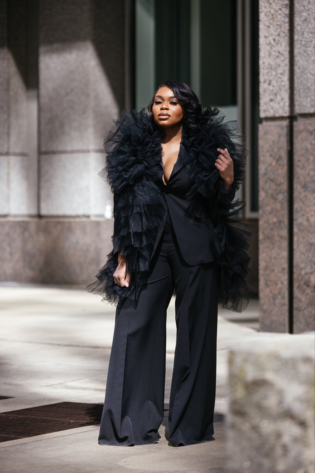 Oyemwen Business in front, Party in the back Black Tulle Power Suit