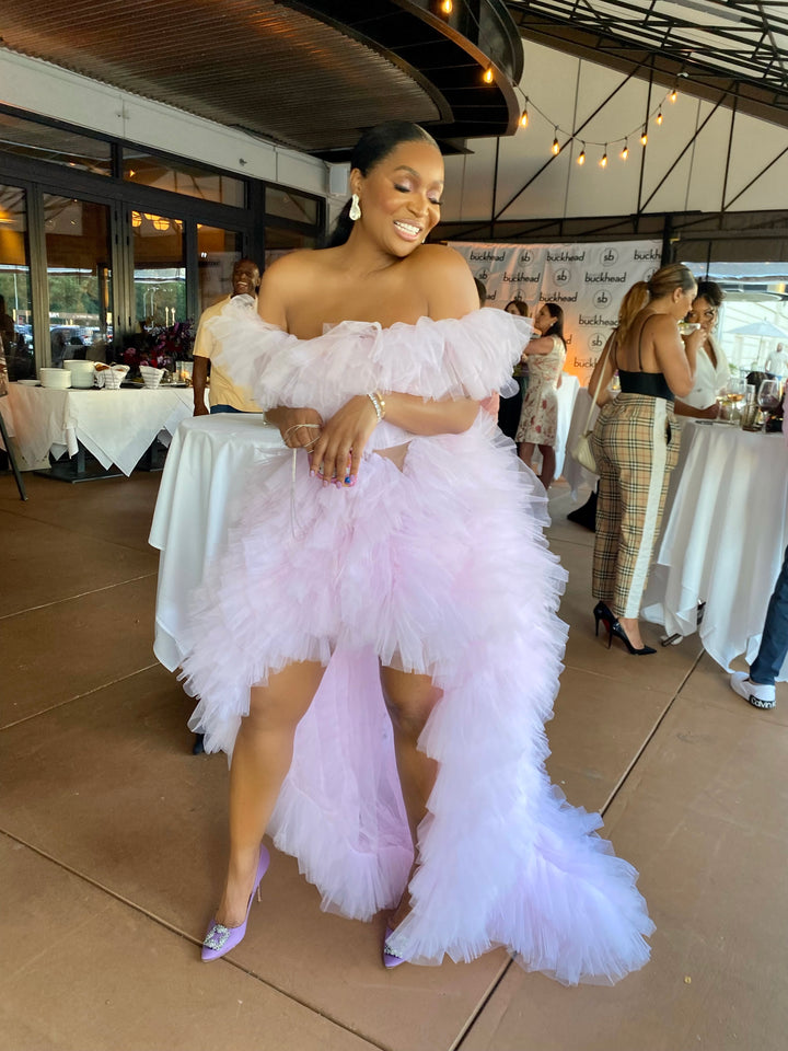 Oyemwen Pink Off the Shoulder Tulle Gown