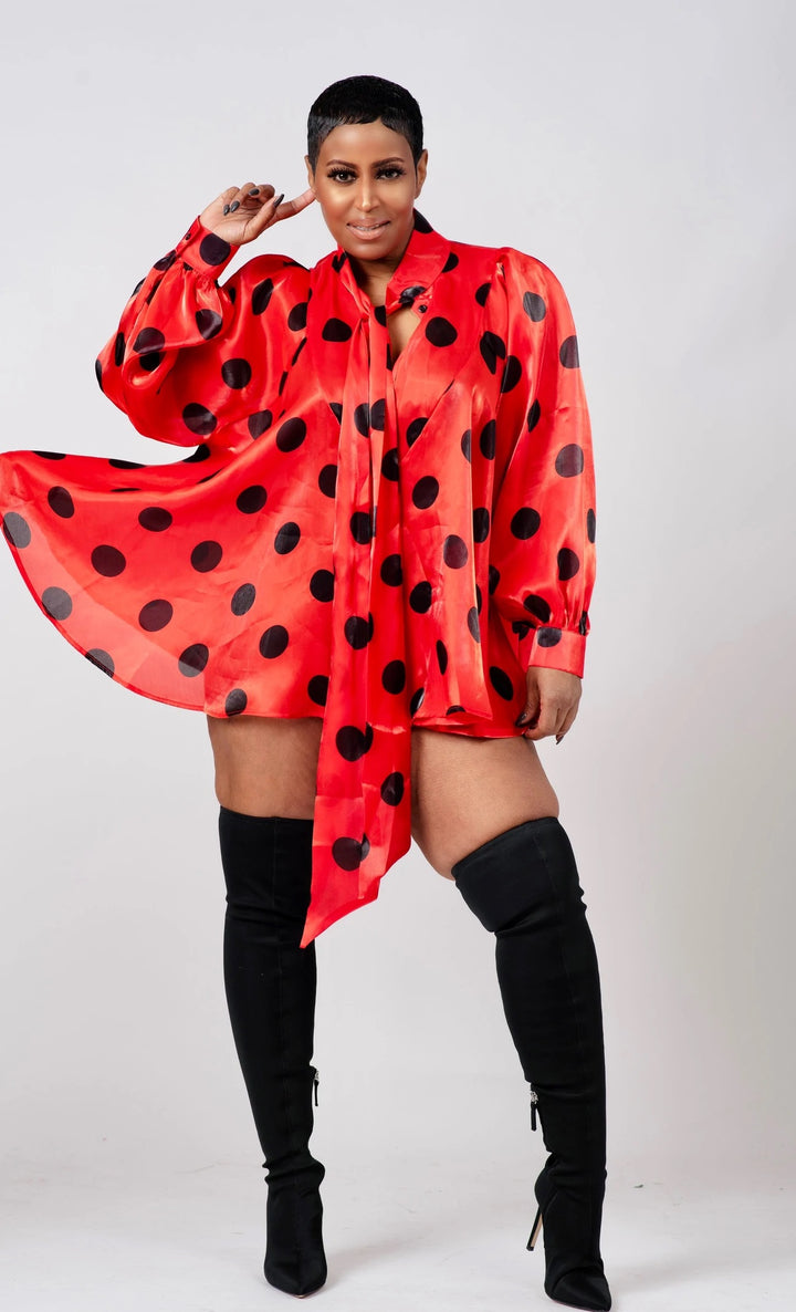 Michele Lopez Red and Black Dot PussyBow LadyBug Blouse