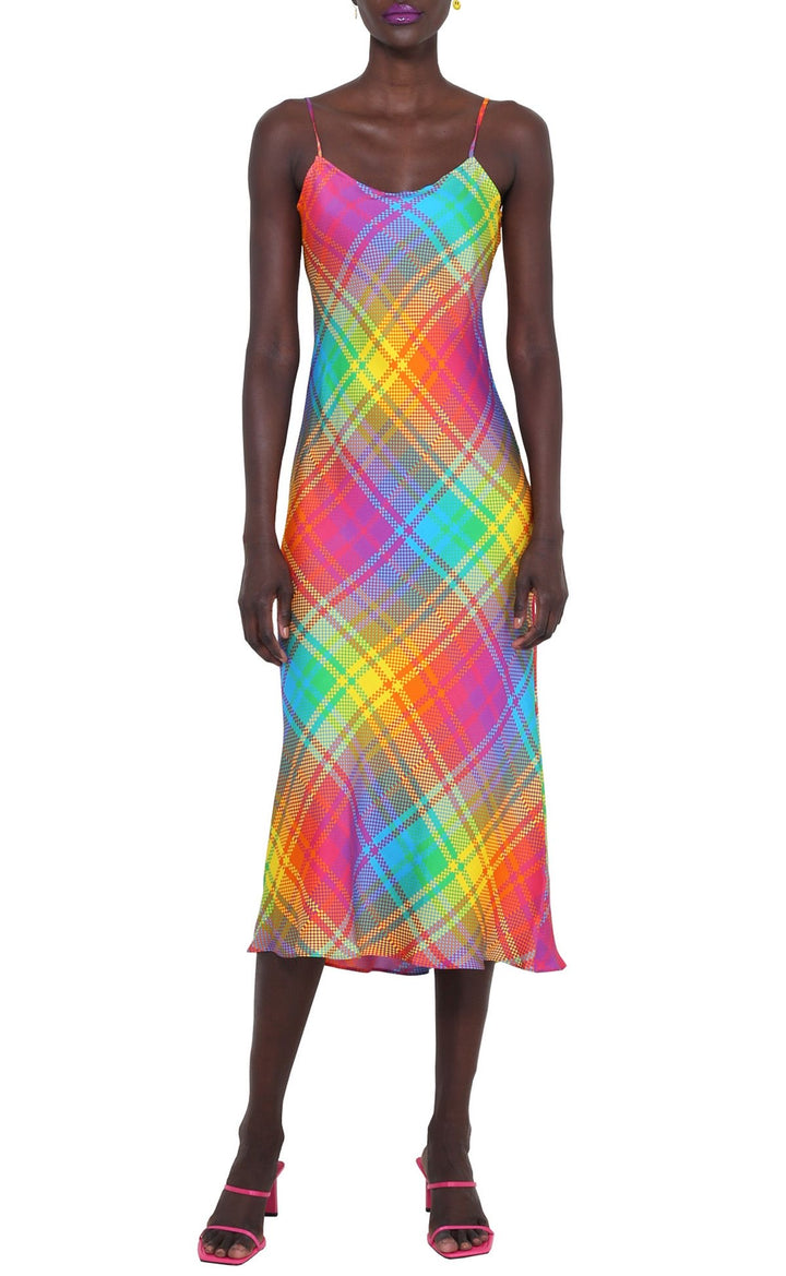 Bruce Glen Rainbow Check Silk Slip Dress