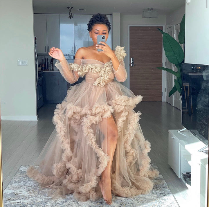 Oyemwen Off the Shoulder Nude Tulle Robe