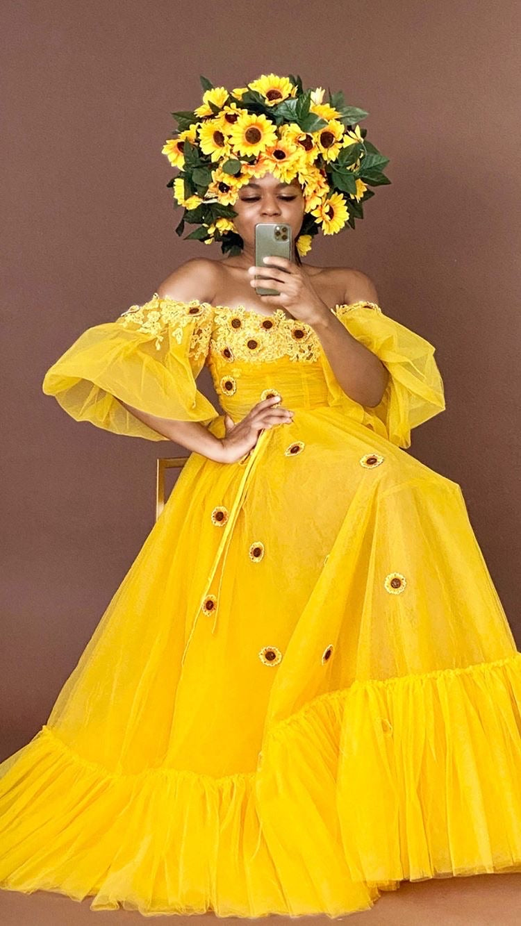 Oyemwen Yellow Sunflower Floral Appliqu Dress 16 Oyemwen Yellow Sunflower Floral Appliqu Dress 16