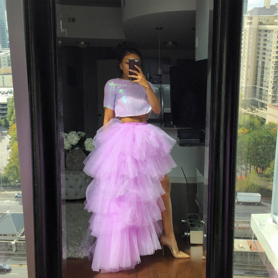Oyemwen Tiered High Low Tulle Maxi Tutu Orchid Skirt Lavender