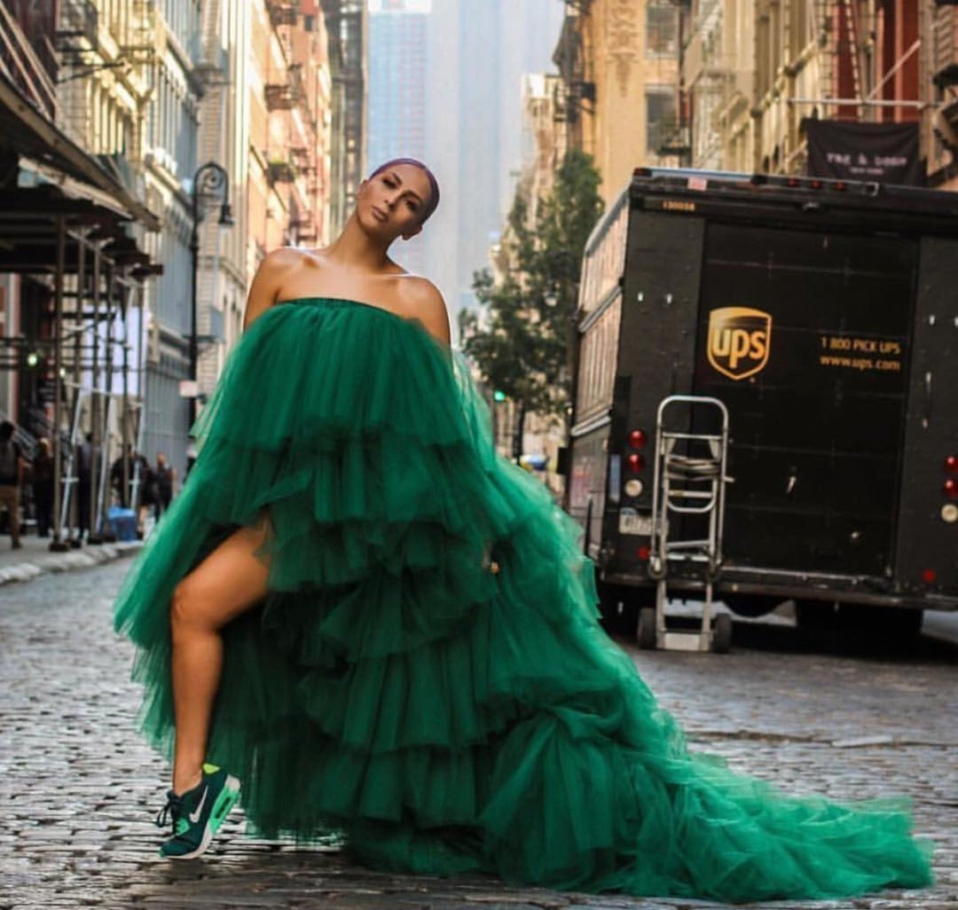 Oyemwen Veronica Tiered High Low Tulle Maxi Tutu Dress Green (Longer Train)